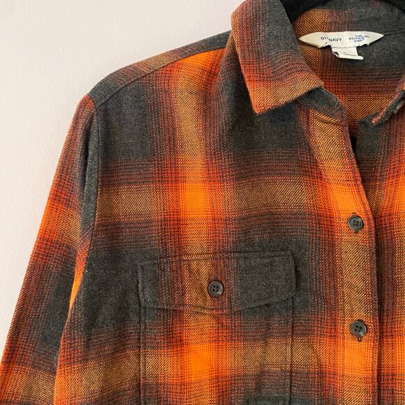 Old Navy Evermore Flannel Boyfriend Shirt Orange Black Plaid Women's size Small - Picture 3 of 8